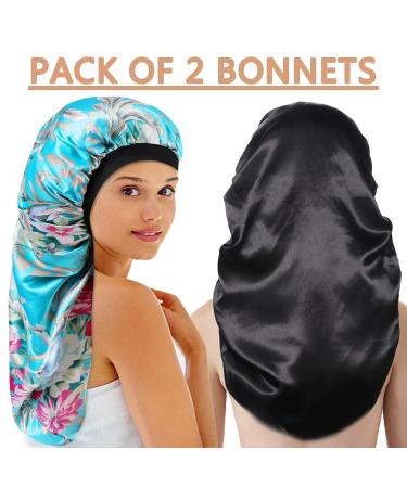 Satin Bonnet Sleep Cap Set for Black Women - 2 Pcs Silk Bonnets for Curly Hair, Braids, Dreadlocks - Soft Elastic Band, Satin Material - Black+Blue Flower Design - Buy Online on GoSupps.com