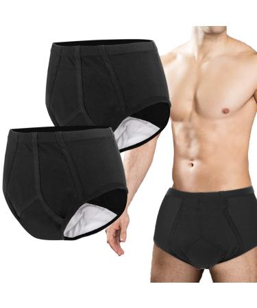 Incontinence Underwear for Men 2 Pack Washable Urinary Briefs with Front Absorbent Area Mens Incontinence Brief Leakproof Urinary Incontinence Brief Reusable Urinary Incontinence Underwear(Black, M) Black Medium (Pack of 2)