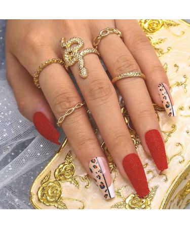 Sethexy Long Matt Ballerina Nails - Red Coffin Leopard Design | 24 Sparkle Acrylic Press-On Fingernails with Glue | Perfect for Women & Girls - Buy Online on GoSupps.com