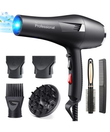 HappyGoo Black Professional Hair Dryer 2400W AC Motor Fast Drying Salon Ionic Hairdryer with 2 Speed 3 Heat Setting Cool Button with Diffuser Nozzle Concentrator Comb for Curly and Straight Hair