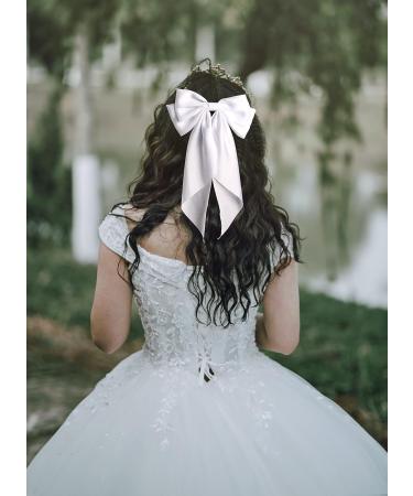 Satin Hair Barrettes Clip for Women Large Bow Hair Slides Metal Clips French Barrette Bowknot with Long Tail Silk Hair Bow Hairpin 90's Hair Accessories (White Pink) - Buy Online on GoSupps.com