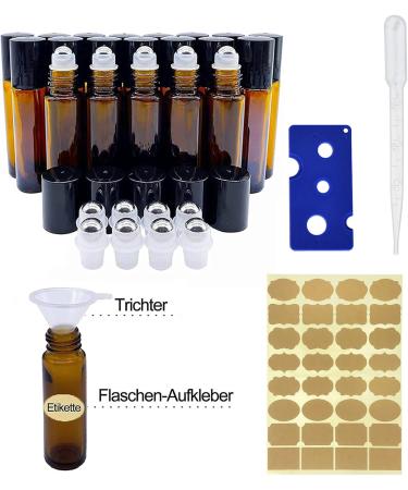 Shengo 10ml Roll-On Glass Bottles Set | 20 Essential Oil Bottles with Funnel Syringe & Sticker - Perfect for DIY | International Shipping - Buy Online on GoSupps.com