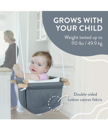 Baby Swing Seat - Secure Canvas & Wooden Hanging Chair for Infants, Toddlers & Kids - Indoor/Outdoor Hammock - Grey/White - Buy Online on GoSupps.com