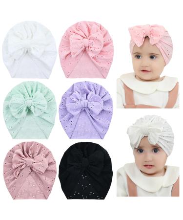 Cinaci 6 Pieces Cute Stretchy Soft Baby Turban Hats with Bow Donut Knot Nursery Hospital Caps Beanies Bonnets for Baby Girls Newborns Infants Toddlers 6PCS S4