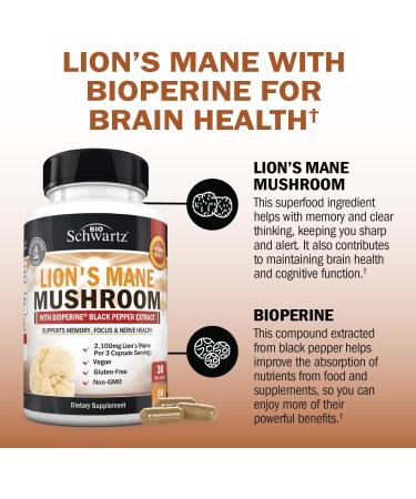 BioSchwartz Organic Lions Mane Supplement Capsules (90 Count) 2100mg Lions Mane Mushrooms with BioPerine for Max Absorption Active Compound Verified Nootropic Brain Supplements for Memory and Focus 90 Count (Pack of 1) - Buy Online on GoSupps.com