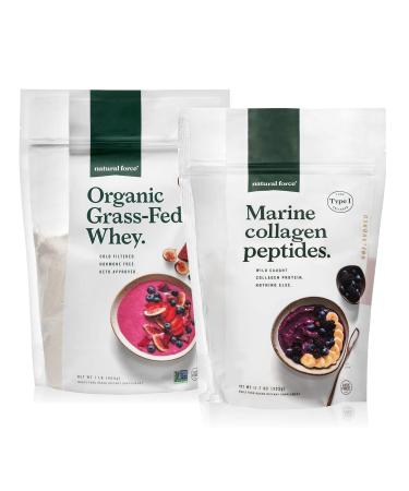 Natural Force Grass Fed Organic Whey Protein Powder Unflavored - 16 oz Organic Clean Collagen Peptides Powder Unflavored 32oz