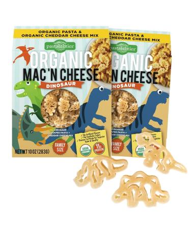 Pastabilities Organic Kids Dinosaur Shaped Mac and Cheese, Fun Pasta Noodles for Kids with Cheddar Cheese Powder, Non-GMO Pasta (10 oz, 2 Pack) Dinosaur (2 Pack)