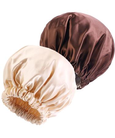 NIXISWAG 2PCS Silk Bonnet Sleep Cap for Curly Hair-Silk Hair Wrap for Sleeping-Bonnet for Women-Satin Bonnet and Hair Cap-Bonnets-Stylish Hair Bonnet with Elastic Band 1-Brown & 1-Champagne