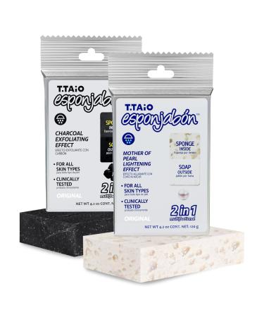 T.Taio Esponjabon Mother of Pearl and Charcoal Soap Sponges — Shower Scrubbers That Remove Oil and Dirt — Sponges to Scrub Foot, Elbow and Face — Bathroom Accessories — Fresh Scent (2-Pack)
