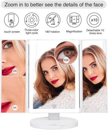 Large Tri-Fold Makeup Vanity Mirror with Lights - 72 LED, 3 Color Lighting, 1x 2X 5X 10x Magnification, Touch Screen Switch - Dual Power Supply - Marble - Buy Online on GoSupps.com