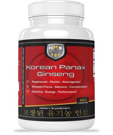 Certified Organic 2000mg Korean Red Panax Ginseng 120 Vegan Capsules Super Strength Extract Powder Supplement - High Ginsenosides Supports Energy, Stamina, Performance and Mental Health