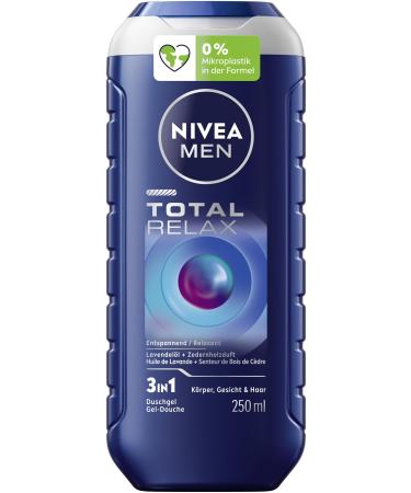 Beiersdorf NIVEA MEN Total Relax pH Neutral Skin Care Shower Gel with Cedarwood Scent for Men Relaxing Formula with Lavender Oil for Body Face & Hair (250ml)