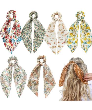 6 Pcs Floral Hair Scarf Scrunchies bowknot floral hair ribbons ties Chiffon Scarf Scrunchies Bow Ties Hand Bands Elastic Ropes Long Tails Scrunchy With Bows - Buy Online on GoSupps.com