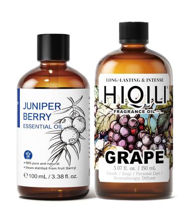 HIQILI 100ML Juniper Berry Essential Oil & 150ML Grape Fragrance Oil for DIY Diffuser