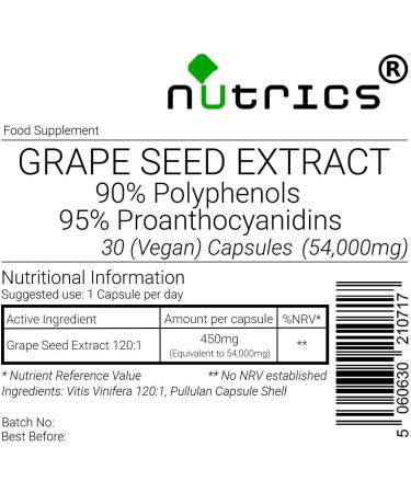 Nutrics 54,000mg Grape Seed Extract Capsules 1 Month Supply | 95% OPC | Vegan Vegetarian Halal Kosher | Made in UK - Buy Online on GoSupps.com