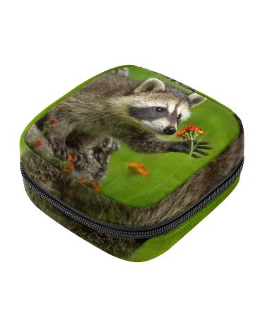Menstrual Pad Bag with Zipper Ladies Napkin Pouch Tampons Collection Bag for Women and Girls (Animal Raccoon)