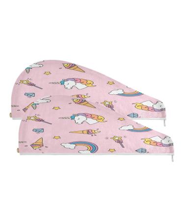Doodle Pony and Star Pattern Dry Hair Cap 2 Piece Quick Drying Towel Set with Button Headband Super Absorbent Soft & Comfortable