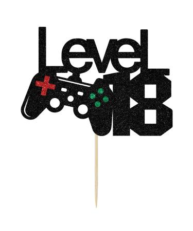 Black Glitter Level 18 Cake Topper - Level Up 18th Birthday Cake Topper - Happy 18th Birthday 18 Year Old for Gamer Theme Party Decorations