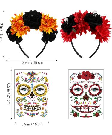 FRCOLOR 2Pcs Day of The Dead Headband with Mexican Flower Crown and Halloween Tattoos - Red and Orange - Buy Online on GoSupps.com