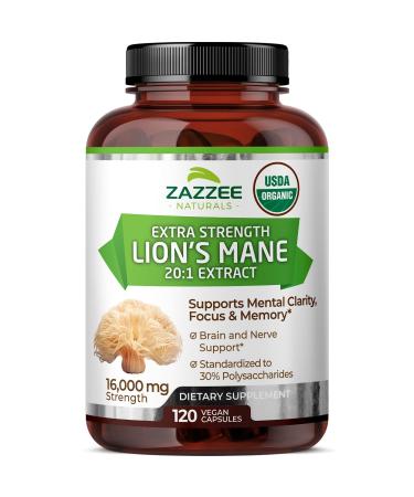 Zazzee USDA Organic Lion's Mane 20:1 Extract 30% Polysaccharides 16 000 mg Strength 120 Vegan Capsules Nootropic for Brain Health Focus Memory Concentration and Immune Support Made in The USA