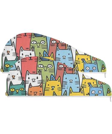 Colorful Cats Hair Towel 2 Pack - Super Absorbent Quick Dry Hair Turbans for Women & Girls - Buy Online on GoSupps.com