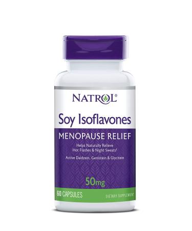 Natrol Soy Isoflavones Capsules Menopause Relief Helps Naturally Relieve Hot Flashes and Night Sweats Active Daidzein Genistein and Glycitein Non-GMO Soy 50mg 60 Count