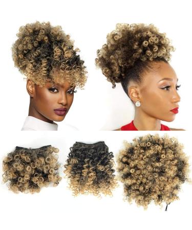 Afro Puff Drawstring Ponytail with 2 Replaceable Bangs Afro High Puff Bun with Spring Curl Bangs and Afro Puff Bangs Clip in Hairpieces Pineapple Updo Ponytail with Bangs (T1B /27) 1 ponytail+ 2 bangs T1B/27