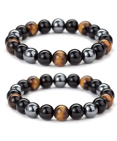 8mm Tigers Eye Bracelet - Triple Protection Bracelet Tigers Eye Bracelet Black Obsidian and Hematite Beaded Bracelets for Men Women for Bring Luck and Prosperity