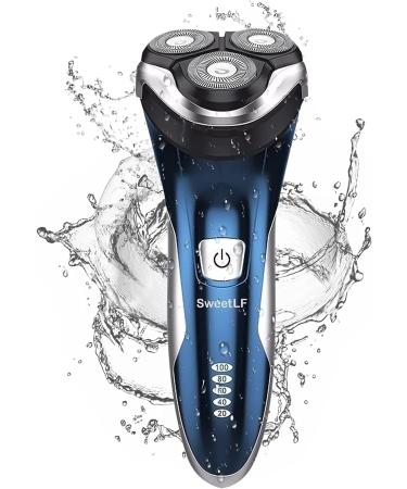 SweetLF 2024 New Rechargeable Men's Electric Shaver with Beard Trimmer IPX7 Waterproof Wet&Dry Technology with 3D Rotating Heads and LCD Display-SWS7105(Blue) asfgg