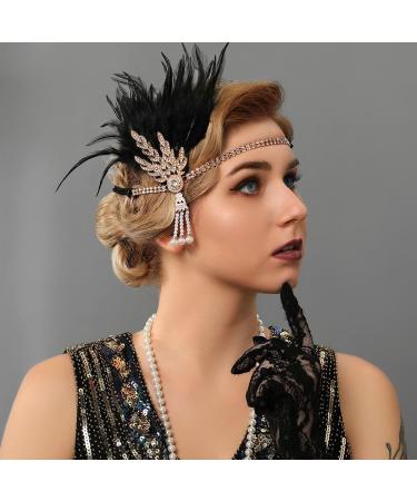 Handcess 1920s Flapper Feather Headband Black Feather Crystal Headband Women's Vintage Pearl Flapper Headpiece 20's Theme Cocktail Hair Accessories for Costume Prom Carnival Party - Buy Online on GoSupps.com