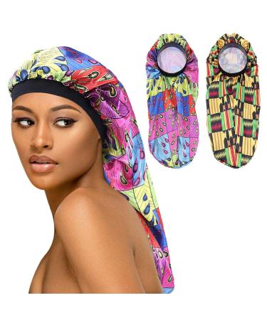 2PCS Extra long braid bonnet for sleeping(Colorful Peacock+Golden Egypt)