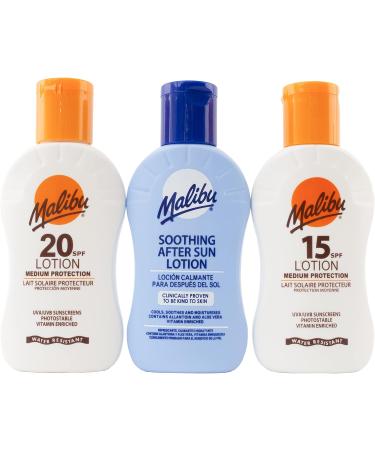 Malibu Sun Travel Essentials with Medium Suncream Protection and Soothing Aftersun Lotion Water Resistant SPF 15 and 20 Multipack 3 x 100ml - Buy Online on GoSupps.com