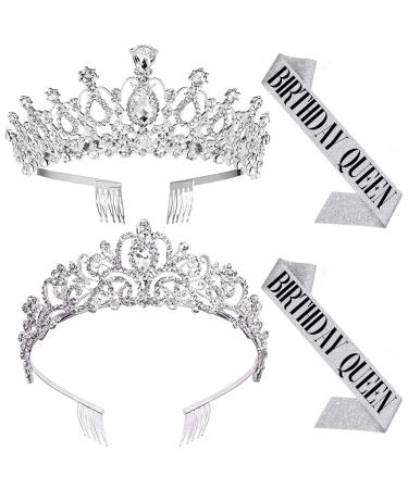ZOCONE 4 Pack Crystal Rhinestone Bridal Tiara & Birthday Queen Sash , Wedding Crown for Women Flower Girls Birthday Headband Princess Crowns with Comb (Silver) PH202A