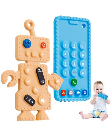 2 pieces for babies-baby biting toys robot phone design soft silicone baby teeth toys for 3-24 months baby dental aid gift for 0-3 years of newborn toddlers