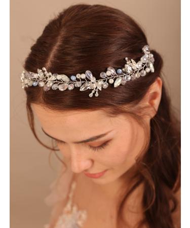 Deniferymakeup Silver Bridal Hair Vine Opal Hair Piece Crystal Rhinestone Wedding Hair Piece Pearl Blue Bridal Jewelry for Women and Girls