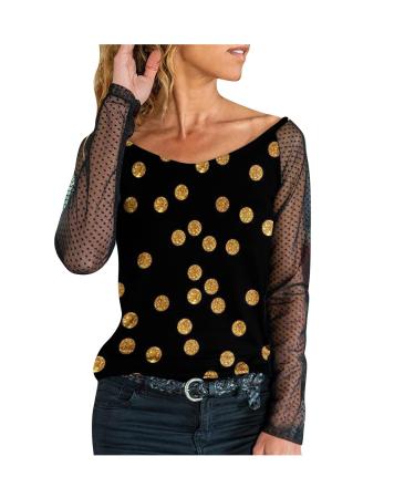 Sequin Tops for Women Casual Flash Printed Pullover Tops Blouse Lace Mesh Splicing Long Sleeve Tunic Shirts Medium Gold