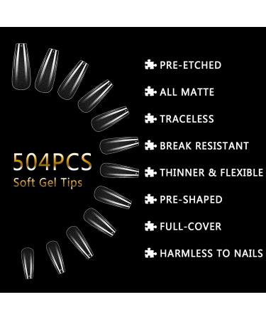 504pcs False Fake Nail Tips Pre-Buff Coffin for Acrylic LEA-SHALL Soft Gel PMMA No File Matte Tip Break Resistant Clear Full Cover Nails Traceless Artificial Press On Kit Extension Set 504pcs Pre-Buffed Ballerina with Box - Buy Online on GoSupps.com