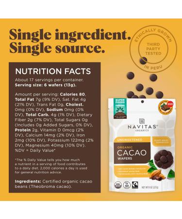 Navitas Organics Cacao Wafers 8oz - Unsweetened Baking Chocolate | Organic, Non-GMO, Fairtrade, Gluten-Free - Buy Online on GoSupps.com