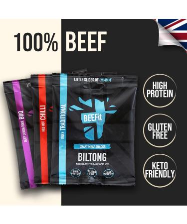 BEEFit Biltong Beef Jerky Variety Pack | 12x30g | Traditional Red Hot Chilli & BBQ Flavors | High Protein | Gluten Free | Keto Friendly - Buy Online on GoSupps.com