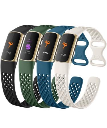 Laffav Compatible with Fitbit Charge 5 Bands for Men Women, Flexible Soft Silicone Wristbands Breathable Sport Replacement Strap with Air Holes for Fitbit Charge 5 Fitness Tracker, 4-Pack Black/Slate Blue/Green/Lunar White
