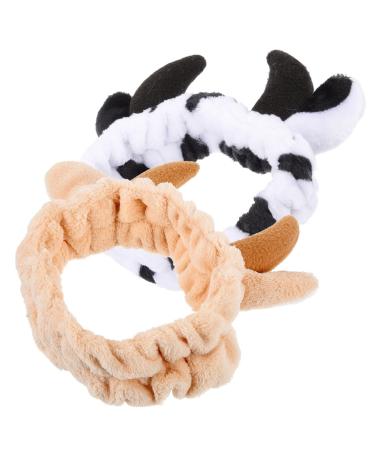 FRCOLOR 2 Pcs Animal Ear Spa Headband Milk Cow Hairband Plush Face Wash Hair Wrap Horn Cosmetic Shower Hairband Elasticity Makeup Skincare Sweatband Towel for Home