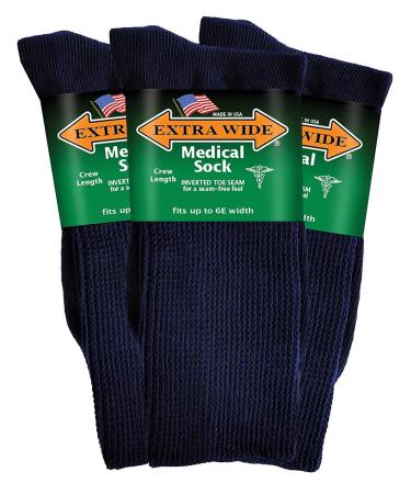 Extra Wide Men's and Women's Up to 6E Unisex Medical Mid Calf Crew 3PK Antimicrobial Made in USA! L Navy