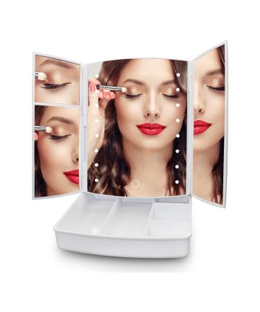 BEWEBEME Lighted 22 LED Makeup Mirror with 1x/2x/3x Magnification  Touch Screen Switch Tri-Fold Design 180  Rotation Mirror with Storage Box Power by AA Batteries Cosmetic Mirror (White)