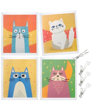GONG GONG 4+4 Pcs Swedish Dishcloth for Kitchen Cellulose Sponge Cloths Eco-Friendly Cleaning Cloth Reusable Dish Cloth 6.77.87Inches (Colorful Cat)