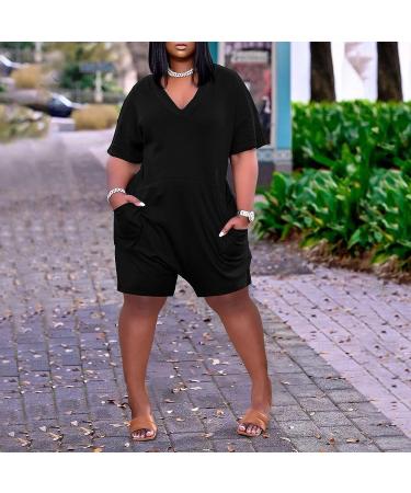 Malaidog Women's Casual Printed Plus Size Jumpsuit - V Neck Short Sleeve Wide Leg Romper with Pockets | Black XL - Buy Online on GoSupps.com