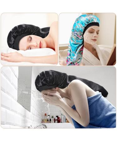 Satin Bonnet Sleep Cap Set for Black Women - 2 Pcs Silk Bonnets for Curly Hair, Braids, Dreadlocks - Soft Elastic Band, Satin Material - Black+Blue Flower Design - Buy Online on GoSupps.com