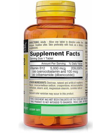 MASON NATURAL Vitamin B12 5000 mcg (Cyanocobalamin) - Energy Support, Raspberry Flavor - 30 Tablets - Buy Online on GoSupps.com