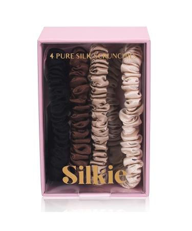 SILKIE x4 Set 100% Pure Mulberry Silk Black Brown Skinny Scrunchies Travel Pouch Everyday Hair Ties Elastics Hair Care Ponytail Holder No Damage (Chocolate)