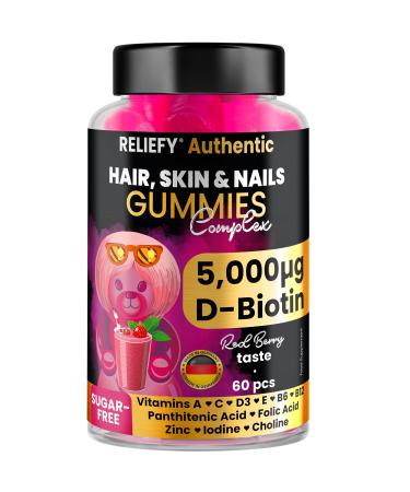 Biotin Gummies for Hair Skin and Nails - Hair Growth with Biotin - Enhanced with Vitamins A C D3 E B6 B12 Folic Acid Pantothenic Acid Zinc Iodine and Choline - 5000