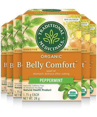 Traditional Medicinals - Organic Belly Comfort Peppermint Herbal Tea (Pack of 6) - Contains Ginger Fennel and Lemon Balm for Digestive Support - 96 Tea Bags Total Belly Comfort 16 Count (Pack of 6)